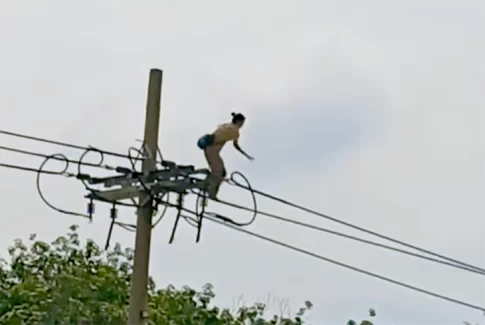 電線を渡ろうとする女性