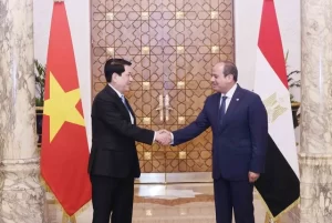 握手するベトナムのルオン・クオン国家主席とエジプトのアブドゥルファッターハ・エルシーシ大統領