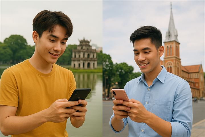 スマホを使うベトナム人男性（ChatGPTで生成）