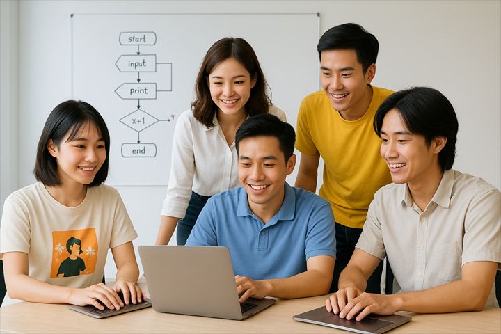 ノートパソコンを使って会議する人々（ChatGPT生成）
