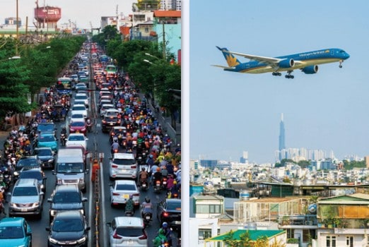ベトナムの交通渋滞（左）とベトナム航空の飛行機（右）