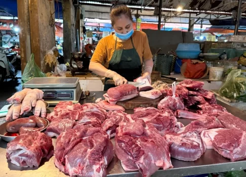ベトナム国内の消費者物価指数が上昇する中で豚肉を販売する市場の女性