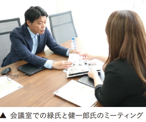 月島倉庫ベトナム会議室での金城緑氏と健一郎氏のミーティング