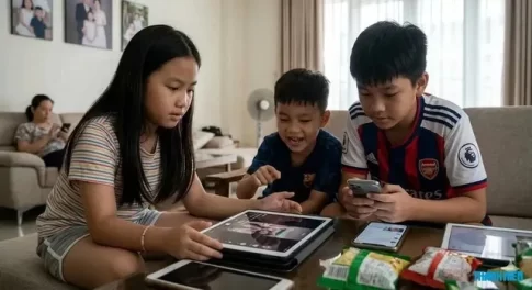 SNSで遊ぶベトナムの子どもたちのイメージ画像