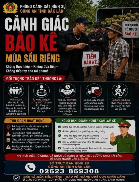 ダックラック省警察が作成した「みかじめ料」警告ポスター