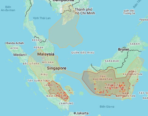インドネシアの森林火災の影響を示した地図
