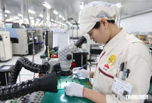 ベトナムの電子機器工場の作業風景