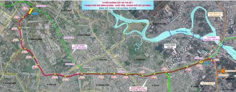 メトロ1号線スオイティエン駅からビンズンニュースティまでの路線図